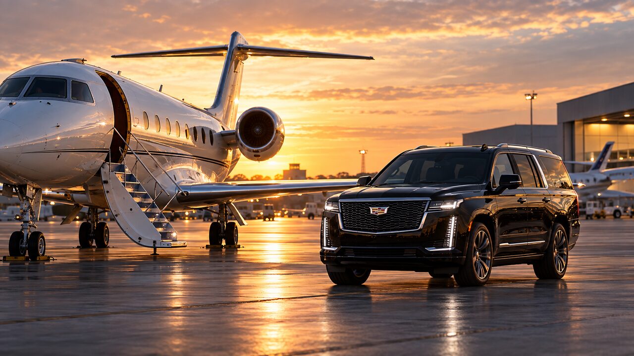 A black Cadillac Escalade waits on the apron beside a private jet with its airstair down, at sunset, outside a lit hangar.