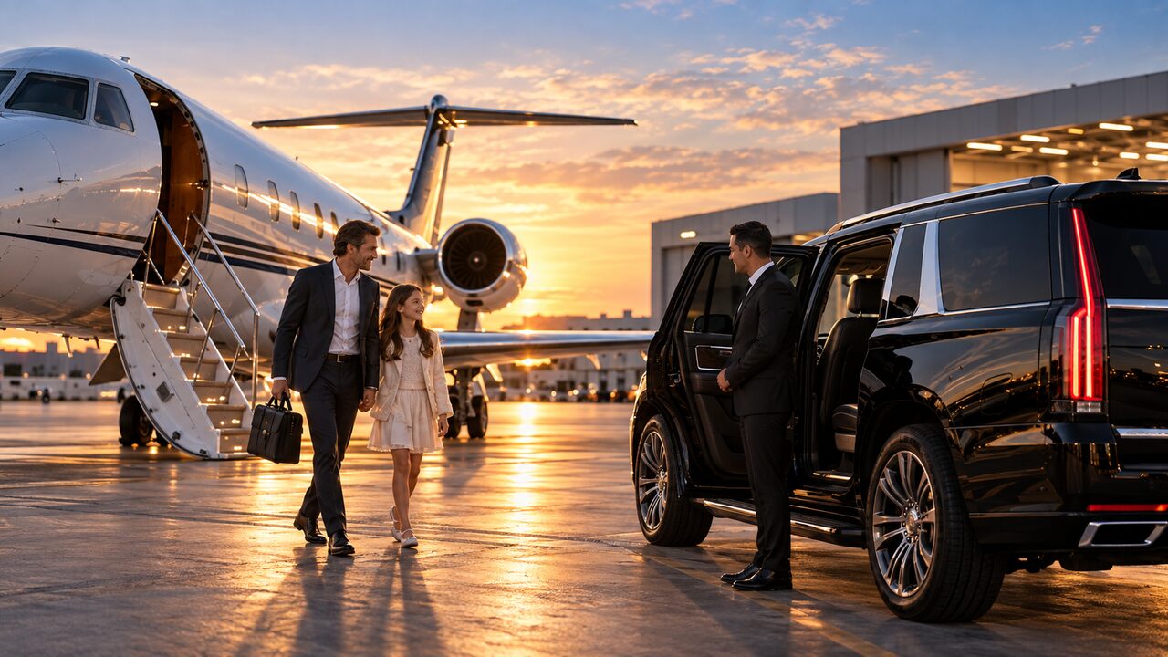 A chauffeur in a dark suit holds the rear door of a black SUV open on the tarmac as a passenger and his daughter walk over from a private jet at sunset.